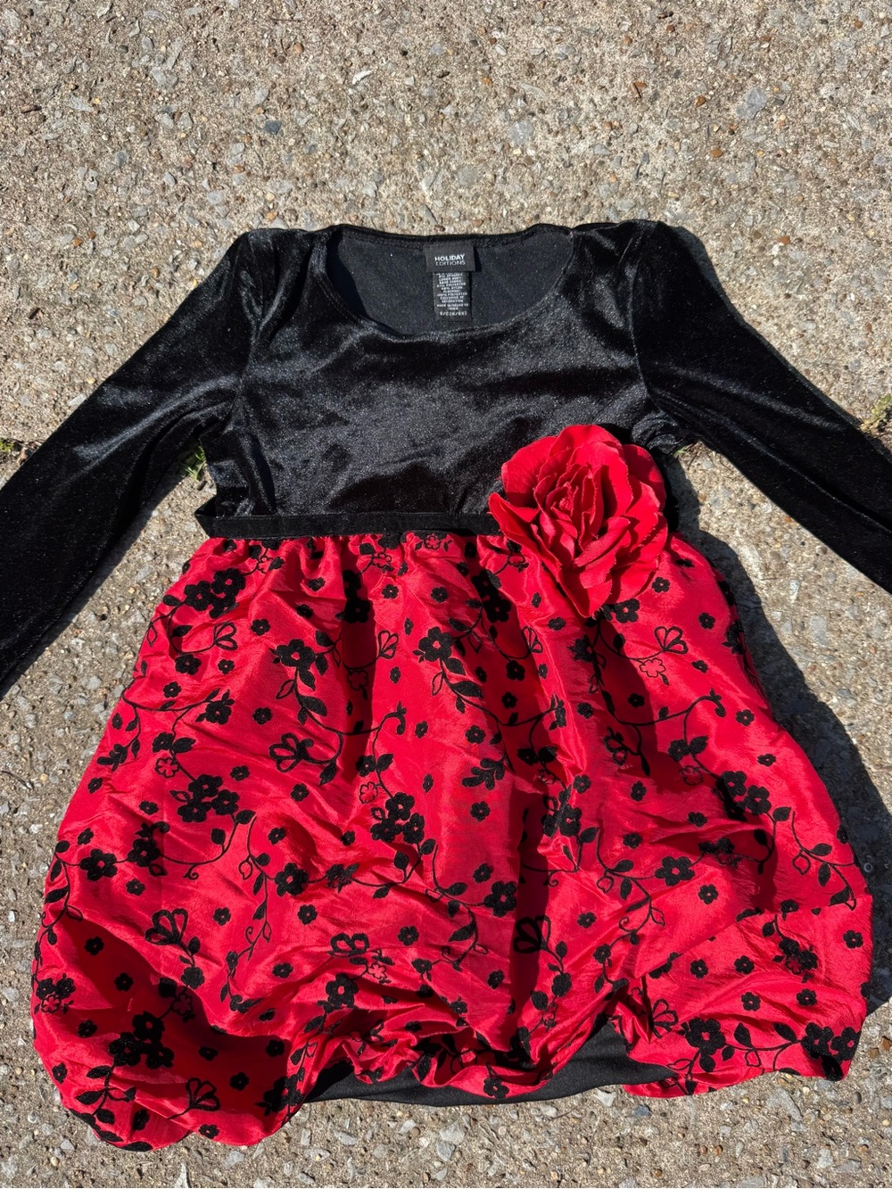 Holiday Editions Black and Red Floral Velvet Bodice Bubble Dress